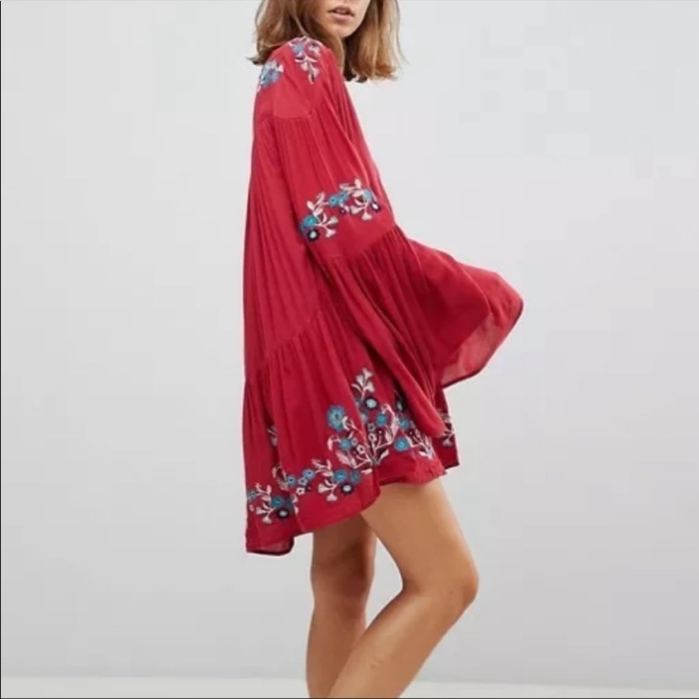Free People S Red Te Amo Boho Floral Embroidered Flowy Dress - Picture 3 of 16